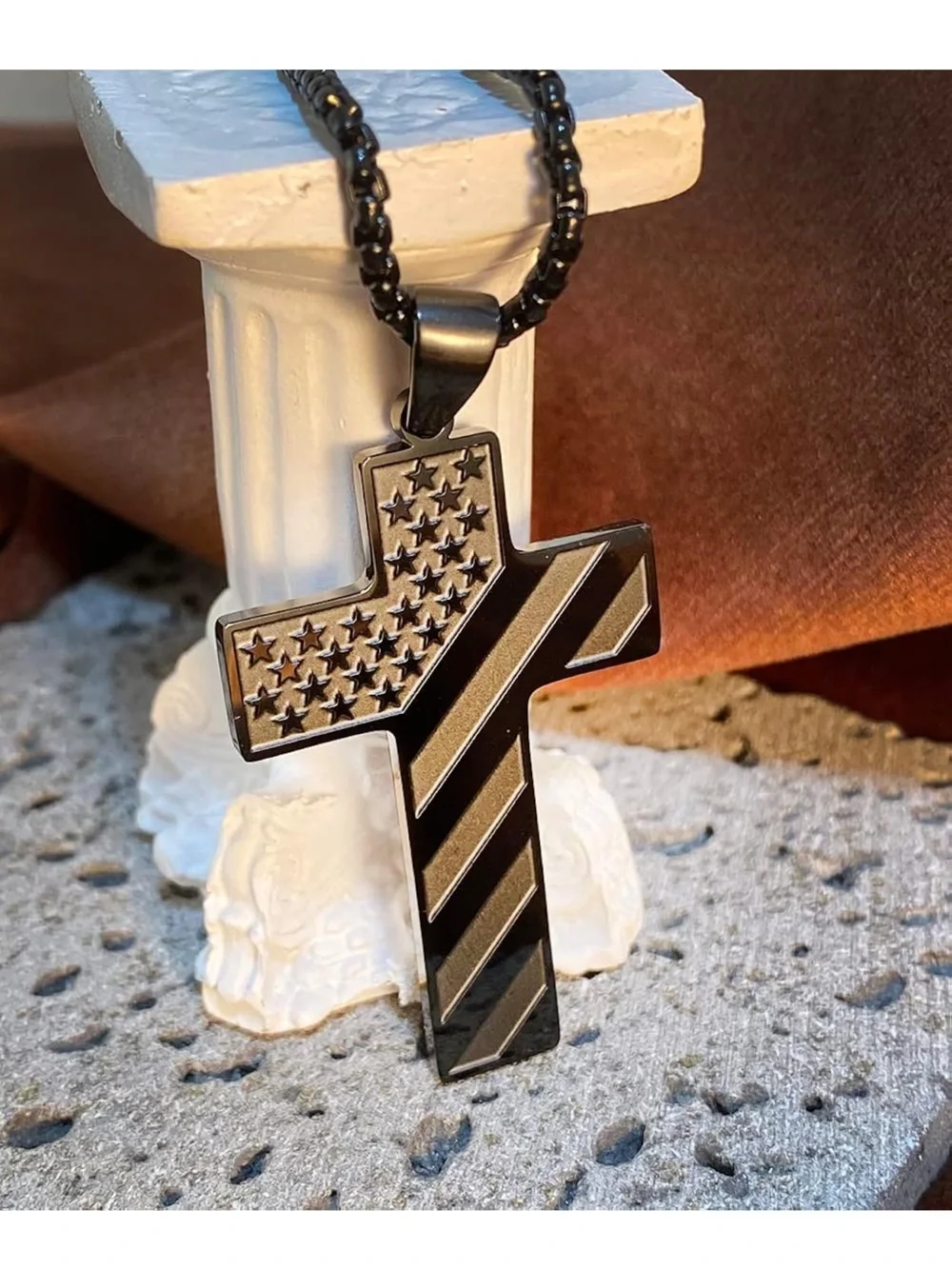 Stainless steel Cross Pendant Necklace with American Flag -Luke1:37 inscribed